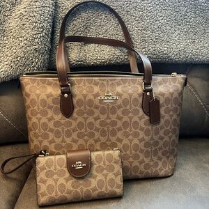Coach Tan and Brown Signature Tote with Wristlet